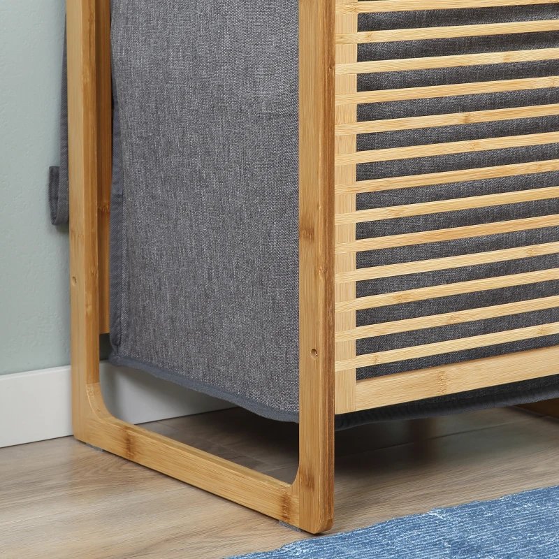 HOMCOM Wäschekorb Wäschebox Wäschesammler mit waschbarem Wäschesack Deckel Wäschesack Tuchsack Bambus leinenartiges Polyester Natur+Grau 40 x 35 x 60,5 cm