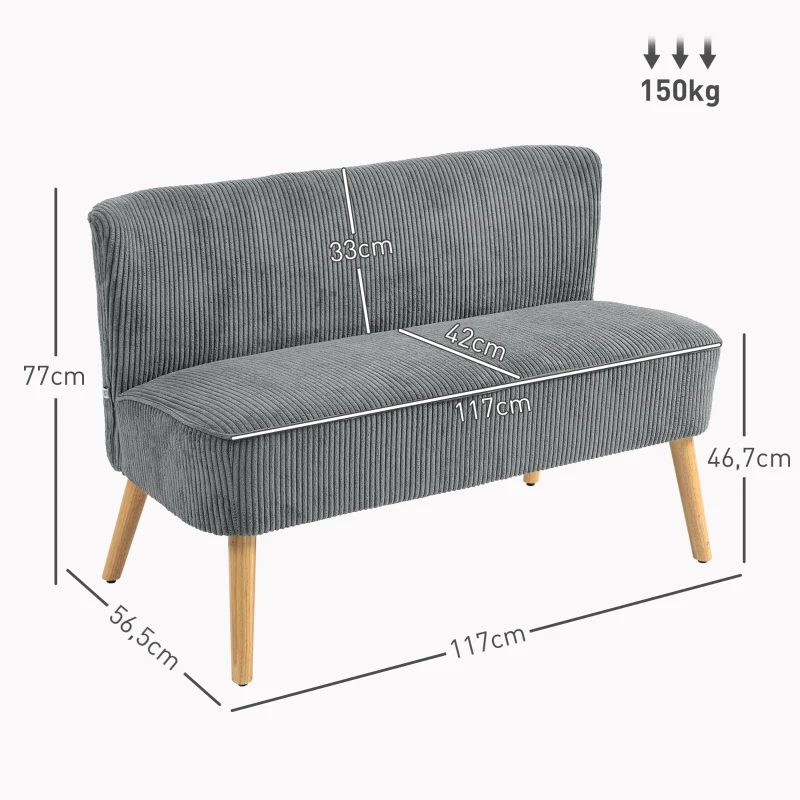 HOMCOM 2-Sitzer Polstersofa, Holz, Samtartiges Polyester, Schaumstoff, 117 x 56,5 x 77 cm, Grau(m-3)