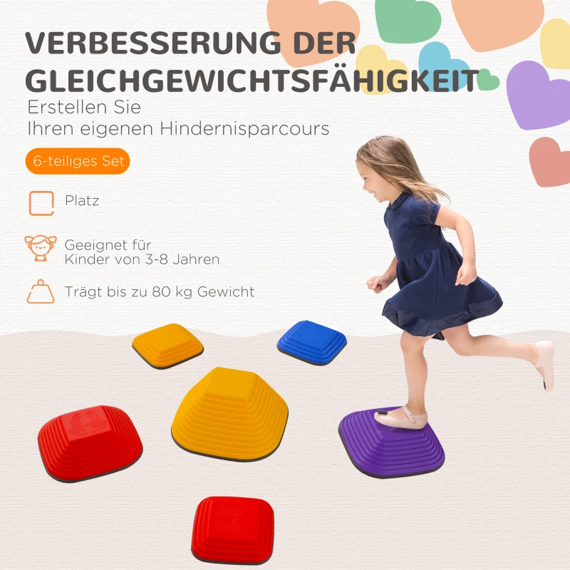 AIYAPLAY Balance-Trittsteine für Kinder, 6 Teile, Rutschfest, Hindernislauf-Steine, für Motorik-Förderung, Kunststoff, Bunt