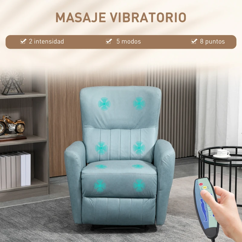 HOMCOM Sillón de Masaje Relax con Reclinación Manual 155° 8 Zonas de Masaje Mando a Distancia Tapizado en Tejido Técnico Reposapiés y 2 Bolsillos Laterales 79x101x96 cm Azul