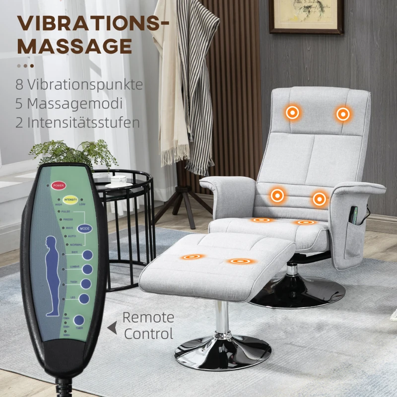 HOMCOM Massagesessel mit Hocker, neigbare Lehne, 78 x 95 x 88 cm, Hellgrau
