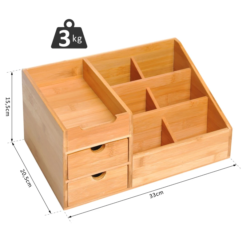 HOMCOM Organizador de Escritorio de Bambú Organizador de Mesa con 2 Cajones 6 Compartimentos y Estante para Oficina Hogar 33x20,5x15,5 cm Natural