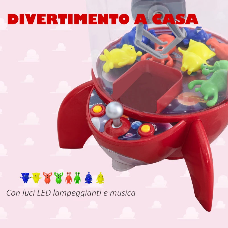 HOMCOM Macchinetta Pesca Pupazzi a Forma di Razzo Rosso con Luci, Suoni e 8 Alieni, per Bambini 3-8 Anni, 20x19x30cm