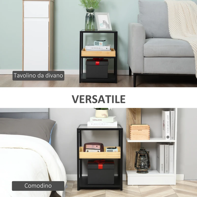 HOMCOM Tavolino da Caffè a 3 Ripiani, Ripiano in Vetro, Mensola in Legno, Struttura in Acciaio, 40x40x55cm