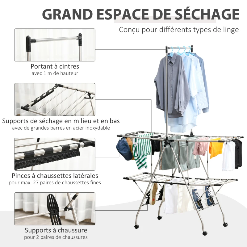 HOMCOM Séchoir à linge étendoir pliable avec roulettes grand espace d'étendage acier inoxydable 138,5 x 63 x 208 cm argent noir