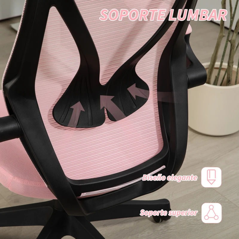 HOMCOM Silla de Oficina Giratoria con Altura Ajustable Reposabrazos Abatibles y Función de Basculante Carga 120 kg Rosa