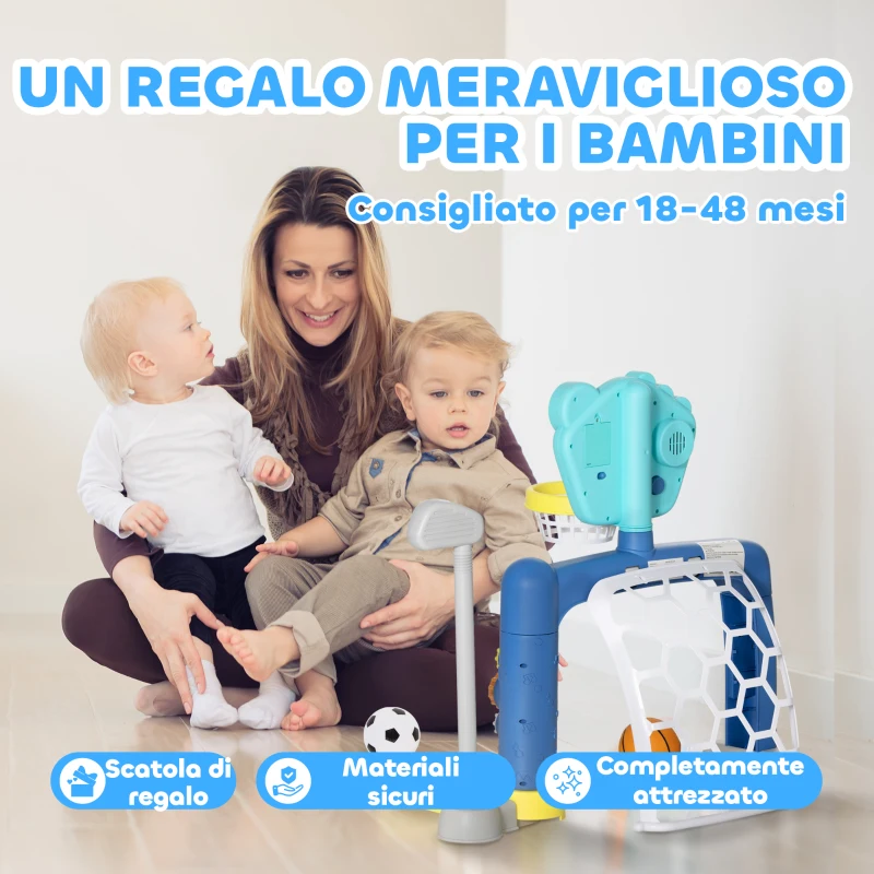 AIYAPLAY Gioco per Bambini con Rete da Calcio, Canestro Basket Regolabile e Buca da Golf, 54x38.8x60.4-68 cm