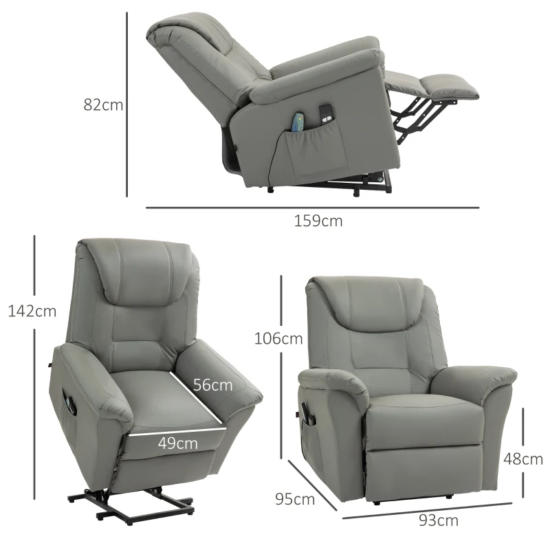 HOMCOM Relaxsessel mit Aufstehhilfe, Massage, Heizung, Kunstleder, 93x95x106 cm, Hellgrau