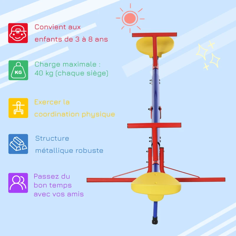 Outsunny Balançoire à bascule pour enfant 3 à 8 ans trébuchet rotatif 360° pied 4 tiges poignée 184 x 76 x 71 cm, multicolore