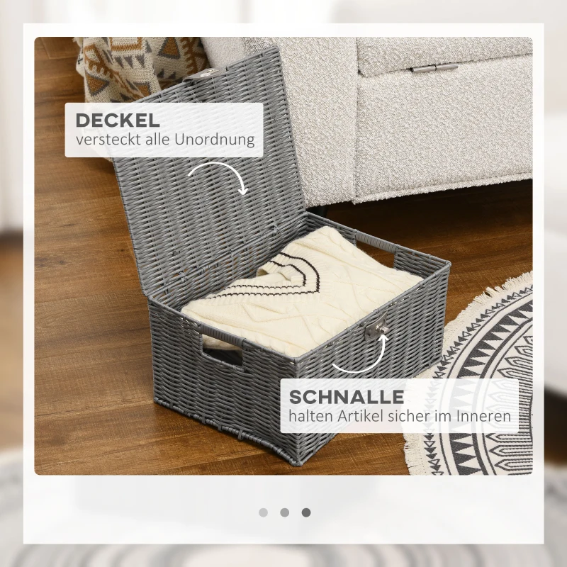 HOMCOM 3er-Set Aufbewahrungskörbe aus PE- Rattan, mit Verschluss, Tragegriffen, 35,5 cm x 28,5 cm x 18 cm, Grau