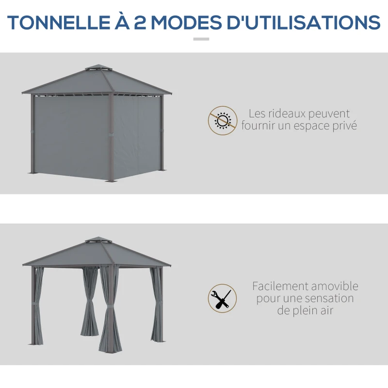 Outsunny Tonnelle de jardin pour terrasse avec 4 parois latérales double toit protection solaire 3 x 3 m gris