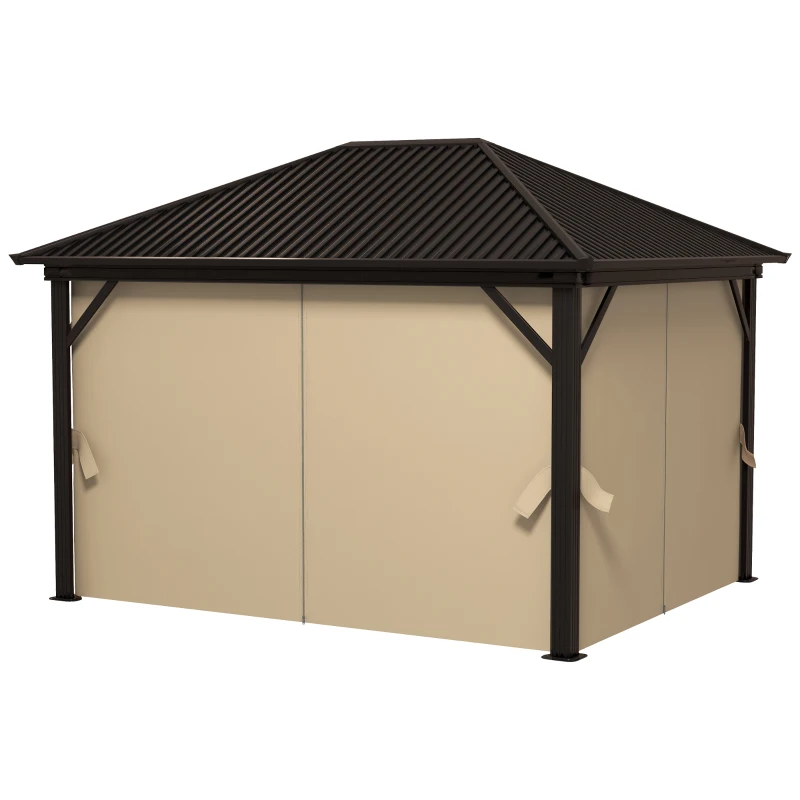 Outsunny 3 x 3.6m Outdoor Hardtop Gazebo Metal Roof Patio Gazebo with Aluminium Frame, Mesh Nettings, Curtains, & Roomy Interior Space, Brown