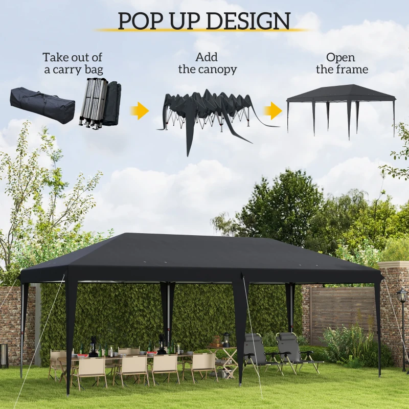 Outsunny Pop Up Gazebo 3 x 6m, Foldable Canopy Tent, Height Adjustable Wedding Awning Canopy w/ Carrying Bag, Black