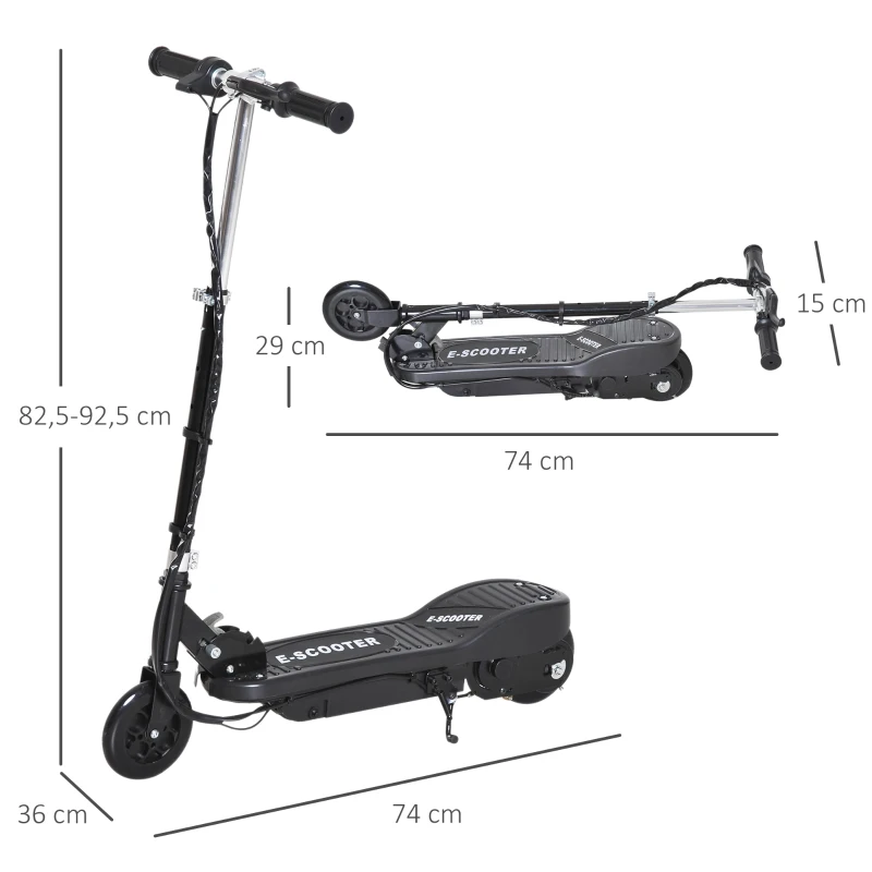 HOMCOM Patinete Eléctrico para Niños de +7 Años Scooter Plegable con Altura Ajustable Batería Recargable 24V Velocidad hasta 12 km/h y Freno Carga 50 kg 74x36x82,5-92,5 cm Negro