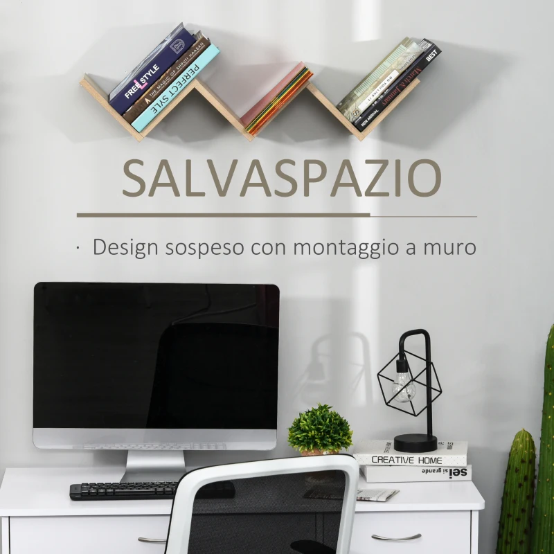 HOMCOM Libreria a Parete Sospesa di Design in Legno a Forma di V, per Casa e Ufficio, Color Legno, 80.6 x 16 x 15.2cm