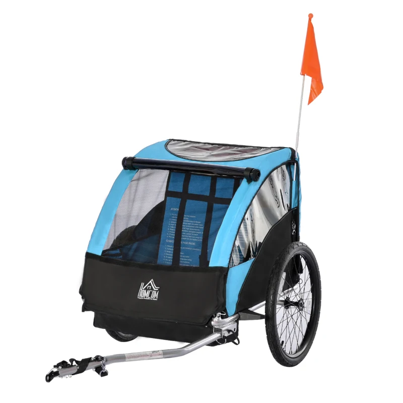 HOMCOM Child Bike Trailer Foldable 2-Seat Baby Transport Carrier with Storage Bag Five-point Safety Harness Hitch Coupler Blue