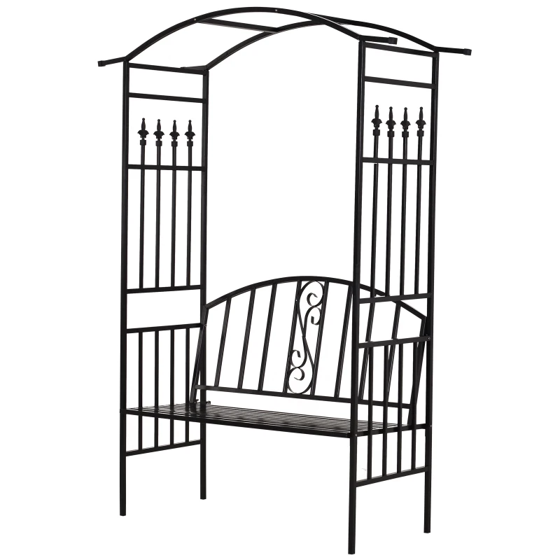 Outsunny Pflanzbogen mit Sitzbank Bank Torbogen Rankgitter Rankhilfe Garten Bogendach Metall Schwarz 154 x 60 x 205 cm