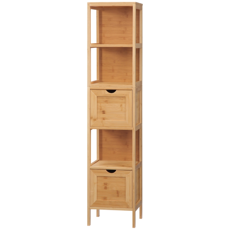 Kleankin Meuble Salle De Bain En Bambou Naturel - Armoire De Rangement 3 Niveaux Avec Double Porte à Lattes, Idéal Pour Petit Espace, 68 X 32 X 86 Cm