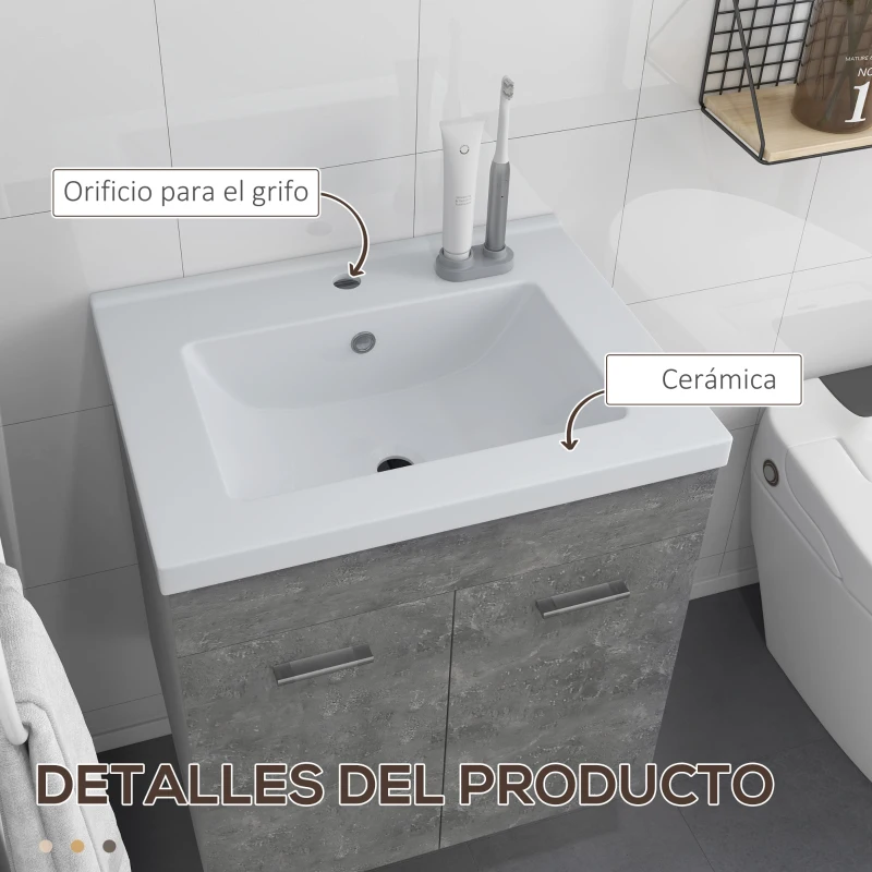 kleankin Mueble de Baño con Lavabo Cerámico Armario Bajo de Lavabo de Pared con 2 Puertas Estante Ajustable 60x45,5x60 cm Gris