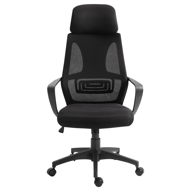 Vinsetto Silla de Escritorio Ajustable con Reposabrazos Reposacabezas y Función Basculante Carga 120 kg 64x55x116-126 cm Negro