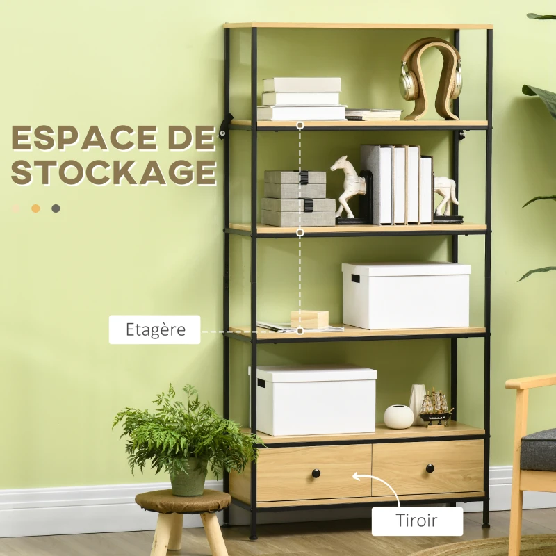 HOMCOM Bibliothèque étagère à 5 niveaux 2 tiroirs style industriel aspect bois et acier 80 x 30 x 161 cm naturel noir