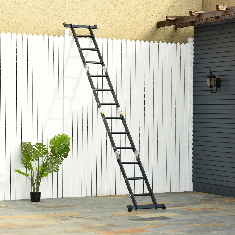 DURHAND Scala in Alluminio 5 in 1 Nera per Interni ed Esterni, Carico Massimo 150kg, 370x61x11 cm