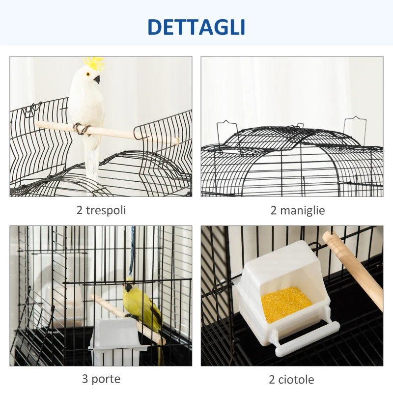 PawHut Gabbia per Uccelli con 3 Posatoi, 2 Ciotole e 2 Porte Laterali, in Acciaio, PP e Legno, 46x36x130 cm, Nera