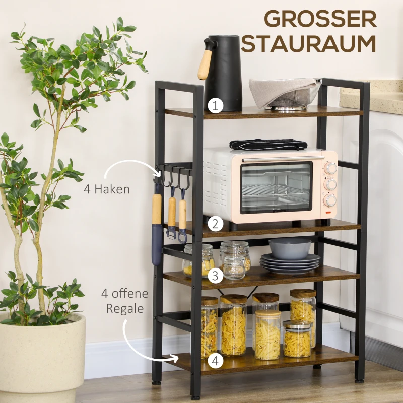 HOMCOM Küchenregal im Industriedesign; 4 Regale, 4 Haken, Standregal, Regal, Braun + Schwarz