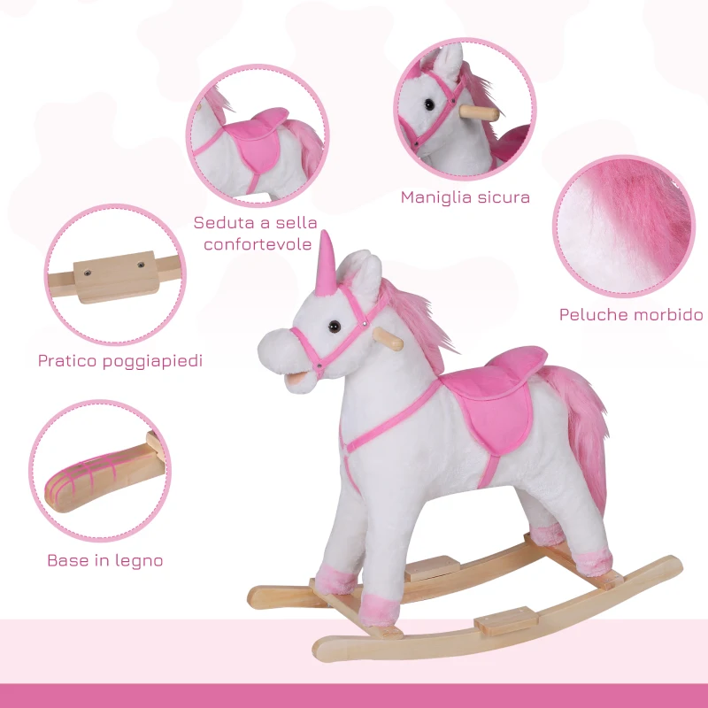 HOMCOM Cavallo a Dondolo in Legno Unicorno Giocattolo Cavalcabile Bambini Peluche 78 × 28 × 68cm Rosa