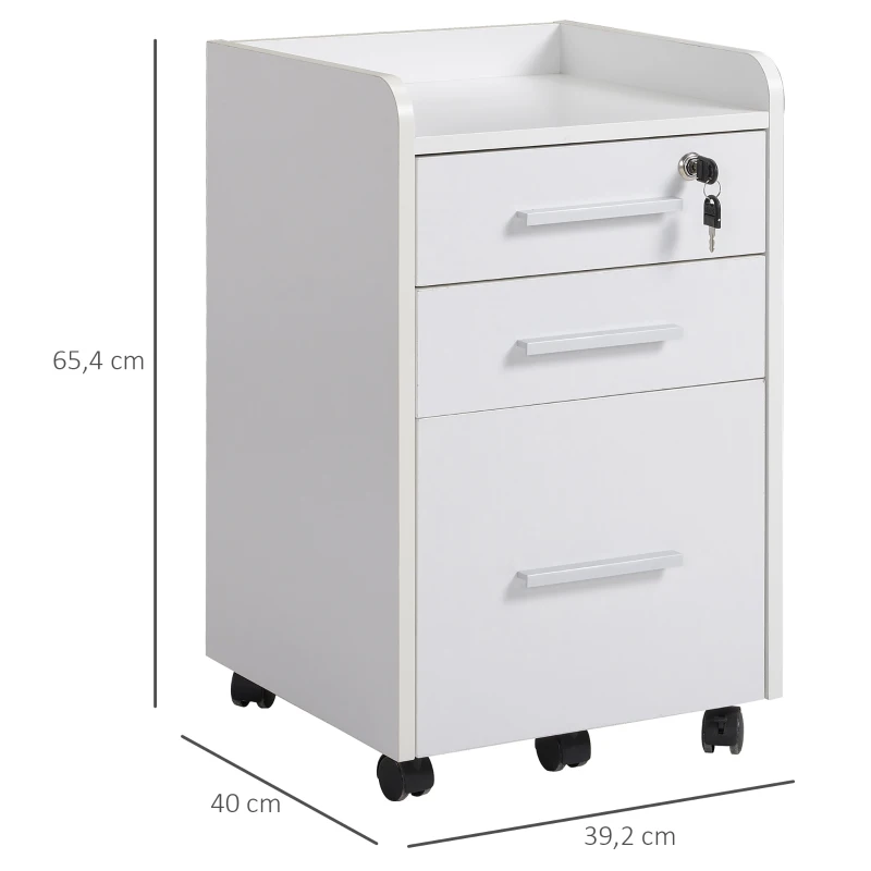 HOMCOM Caisson de bureau rangement bureau sur roulettes 3 tiroirs 1 verrouillable 1 trieur dossiers en bois blanc