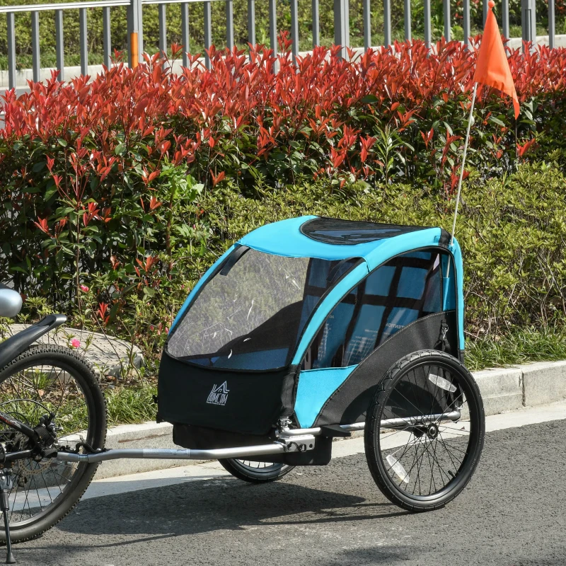 HOMCOM Child Bike Trailer Foldable 2-Seat Baby Transport Carrier with Storage Bag Five-point Safety Harness Hitch Coupler Blue
