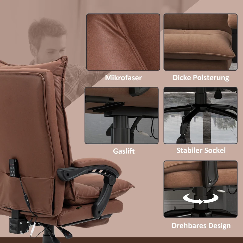 Vinsetto Bürostuhl mit Massage- und Heizfunktion, Fußstütze, verstellbar, bis 120 kg, Braun(m-8)