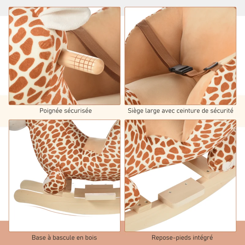 Homcom Jouet à Bascule modèle girafon Ceinture de sécurité Fonction Musicale 32 Pistes pour Enfant 18+Mois Marron Beige