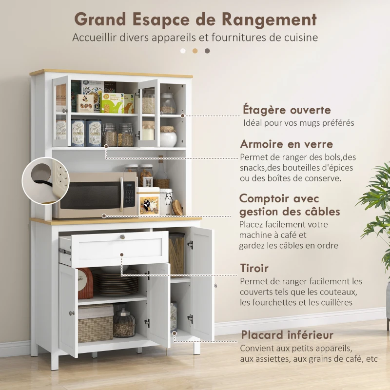 HOMCOM Buffet de cuisine haut 5 portes dont 2 portes vitrées et 1 tiroir, 1 niche centrale - hauteur 180 cm blanc