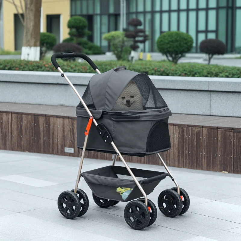 PawHut PawH 3-in-1 Pet Stroller, Folding Four-Wheel Dog Pram with Detachable Carrier for Mini Dogs, Cats, Grey