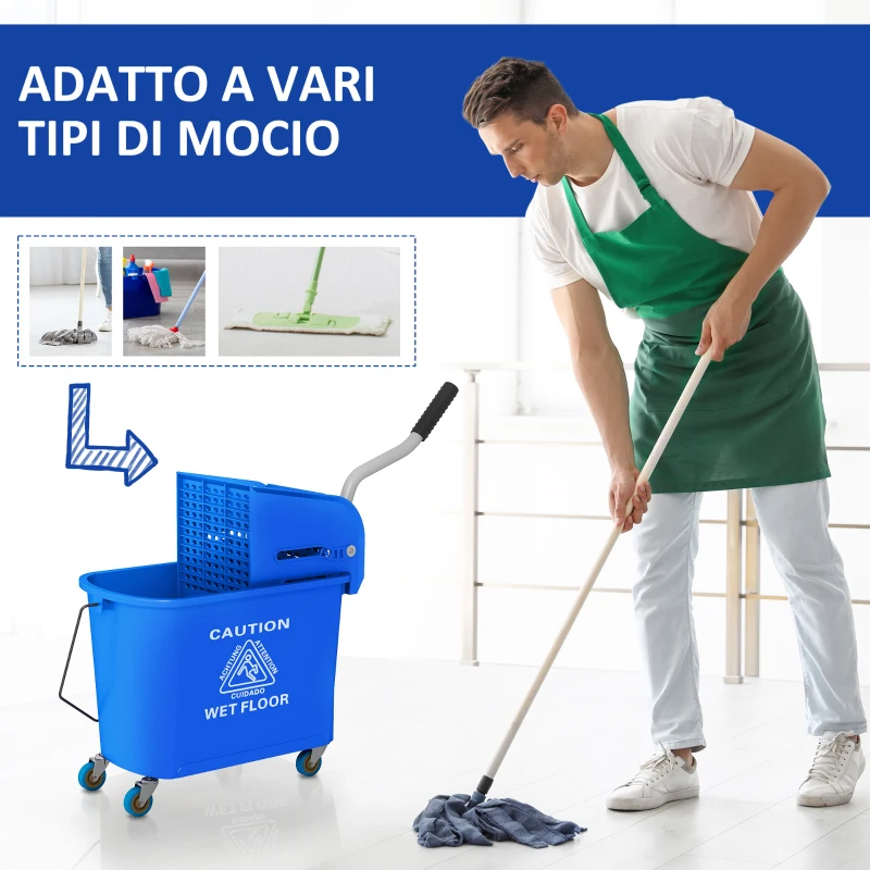 HOMCOM Carrello per Pulizie in Plastica PP da 20L con Secchio e Strizzatore, 60x27x70.5 cm, Blu