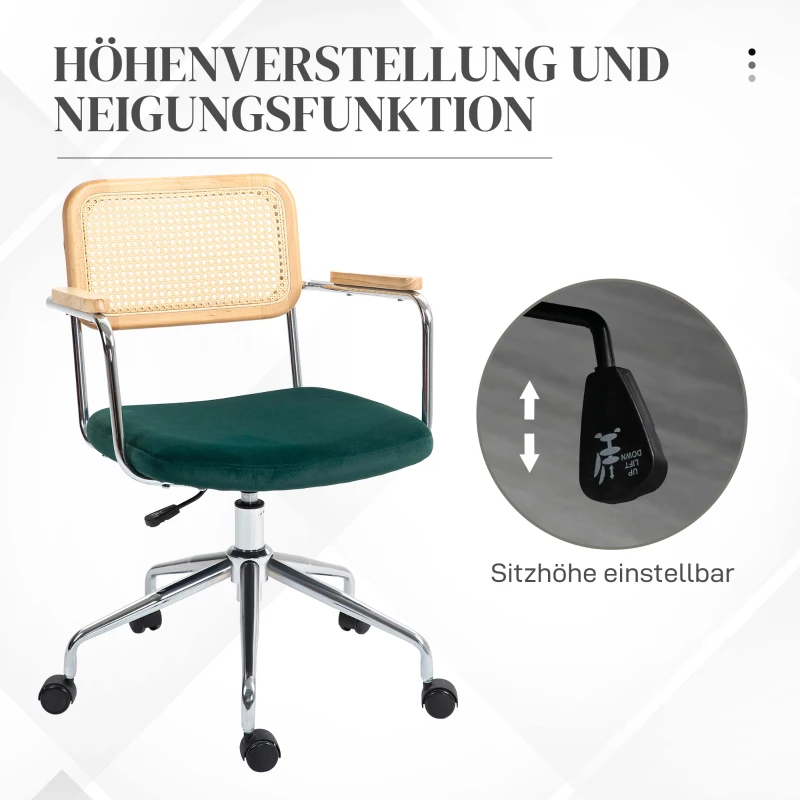 HOMCOM Bürostuhl, Boho-Design, Holzarmlehnen, drehbar, verstellbar, bis 120 kg, Stahl, Grün(m-5)