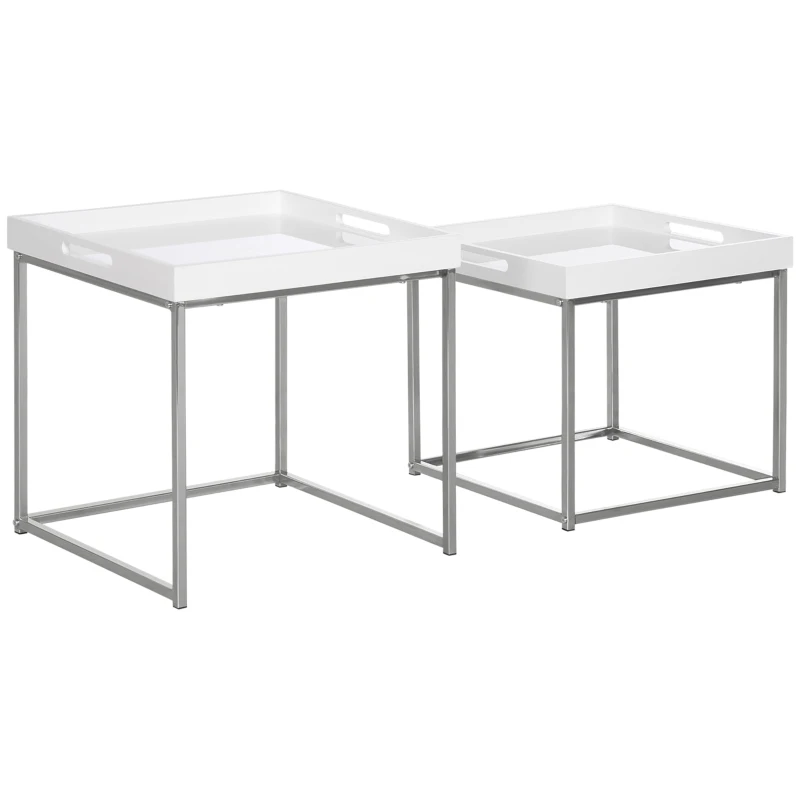 HOMCOM High Gloss Coffee Table Set of 2, Square Nest of Tables with Steel Frame for Living Room, White