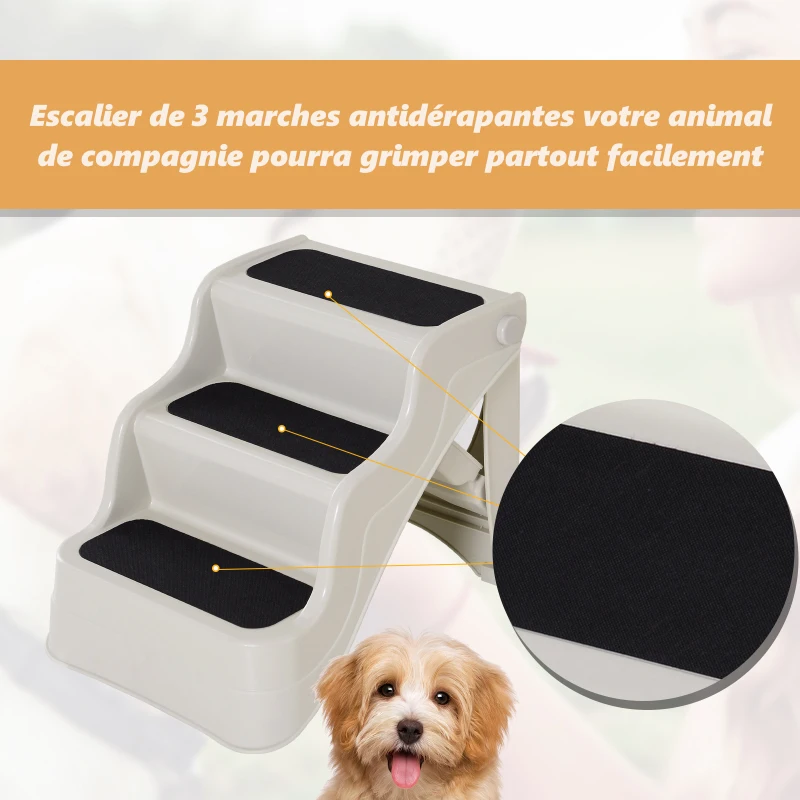 PawHut Escalier pour chien animaux pliable 3 marches antidérapant pliable portable charge max. 15 Kg 49L x 39l x 39H cm plastique crème