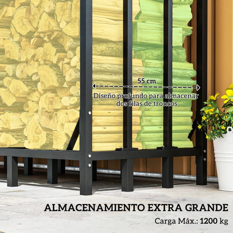 Outsunny Leñero con Cubierta Soporte para Leña para Exterior con Estructura Reforzada 143x70x145 cm Negro