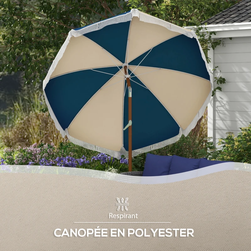 Outsunny Parasol inclinable rond Ø 213 cm avec franges polyester haute densité anti-UV mât démontable, vintage bleu et beige
