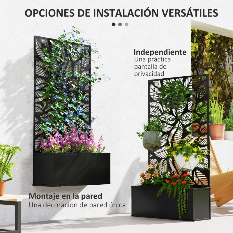 Outsunny Jardinera Elevada con Panel de Privacidad de Hojas Decorativas de Metal y Opción de Montaje en Pared 61x23x113 cm Negro