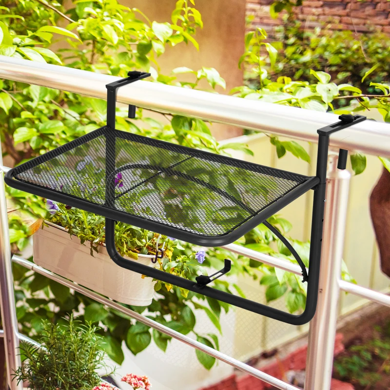 Outsunny Tavolo da Ringhiera con Ganci ad Altezza Regolabile su 3 Livelli, in Metallo, 60x56.5x45 cm, Nero