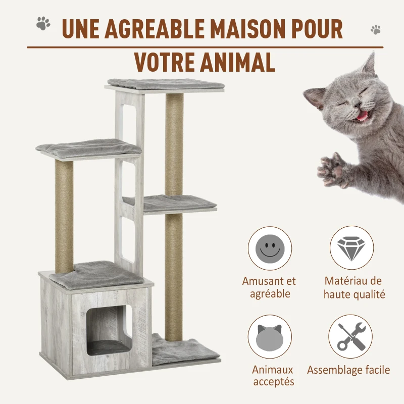 PawHut Arbre à chats design contemporain griffoirs grattoirs sisal naturel niche plate-formes 6 coussins MDF bois gris