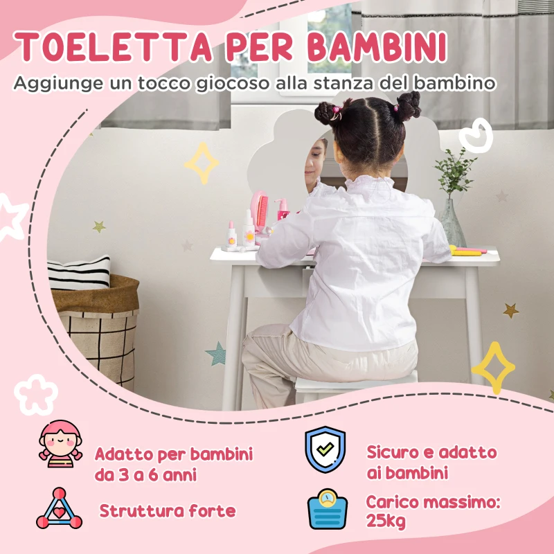 AIYAPLAY Set da Trucco per Bambine 3-6 Anni con Sgabello e Tavolo Toeletta con Specchio e Cassetto in Legno Bianco