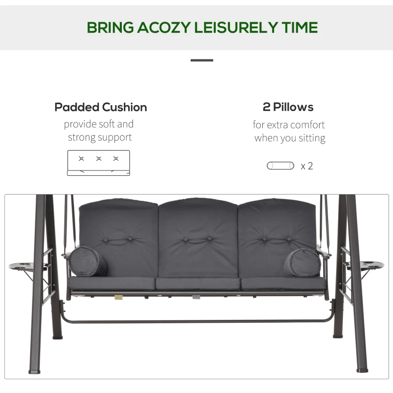 Outsunny 3 Seater Garden Swing Chair Outdoor Hammock Bench w/ Adjustable Canopy, Cushions and Cup Trays, Brown Steel Frame, Dark Grey Fabric