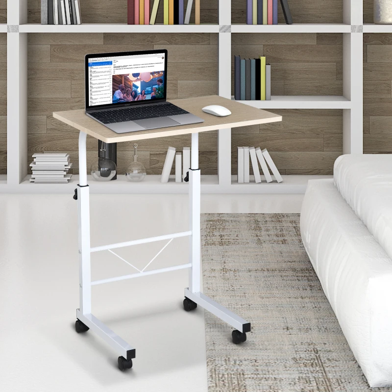 HOMCOM Table roulante de lit canapé table pour ordinateur table informatique dim. 60L x 40l x 68-78H cm hauteur réglable 4 roulettes blanc érable