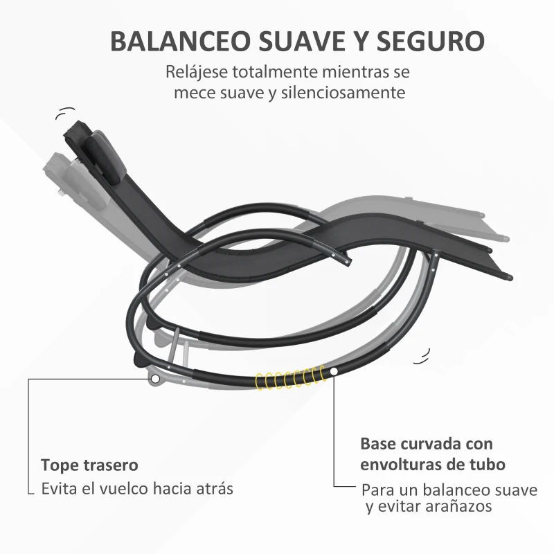 Outsunny Tumbona Mecedora con Reposacabezas Reposabrazos y Marco Metálico Carga 120 kg para Interior y Exterior 155x61x88cm Negro
