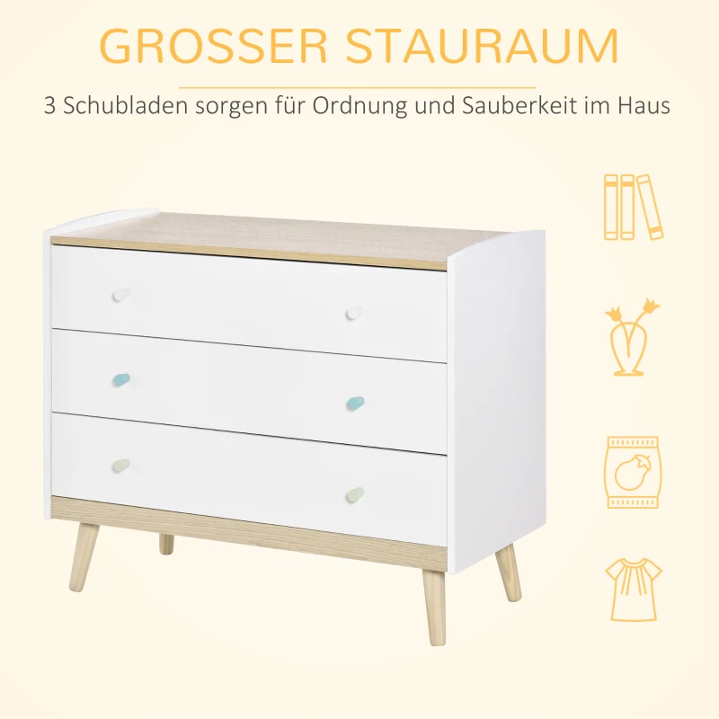 HOMCOM kinder Kommode mit 3 Schubladen Schubladenschrank Kinderzimmer Schrank Kinderschrank mit Antikippvorrichtung Kiefer Weiß 90 x 40 x 75,2 cm