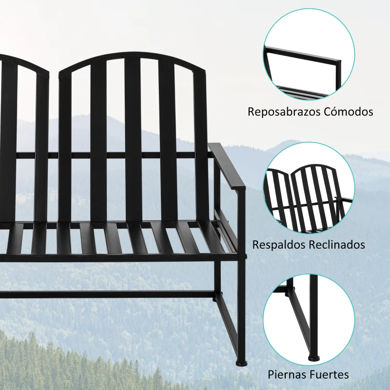Outsunny Banco de Jardín de 2 Plazas Metal con Respaldo Alto y Reposabrazos para Exterior Parque Patio Terraza Estilo Rústico Carga Máx. 220 kg 108x63x80,5 cm Negro
